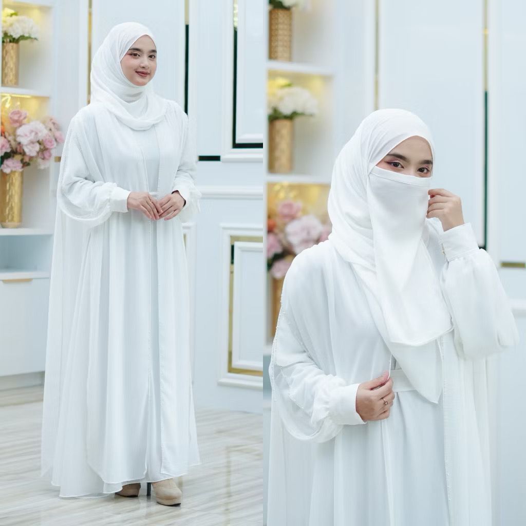 Mecca Abaya Ceruty Babydoll Set Hijab Pashmina Dan Cadar Full Payet Mewah Elegan Gamis Wanita Dewasa