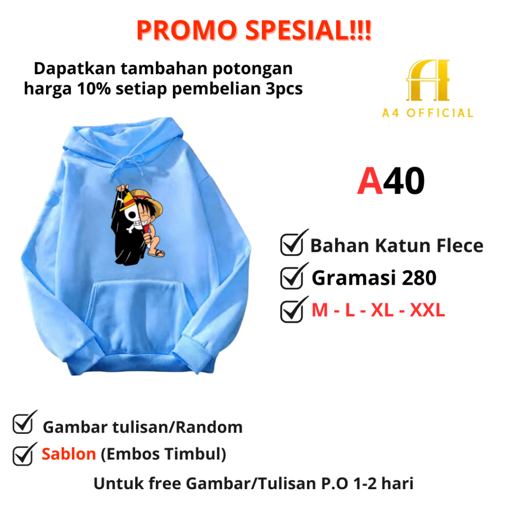 Sweater Hoodie Anime One Piece Luffy Jacket Hoodie Anime One Piece Bahan Katun Fleece Gramasi 280 - 