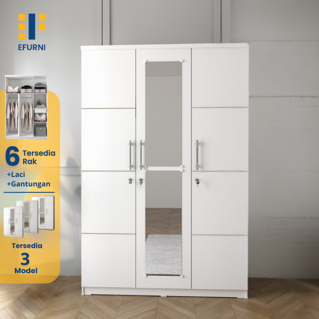 EFURNI Lemari Pakaian 3 Pintu Almari Pakaian Kayu / Almari Baju / Lemari Baju / Rak Baju Gamis / CAM
