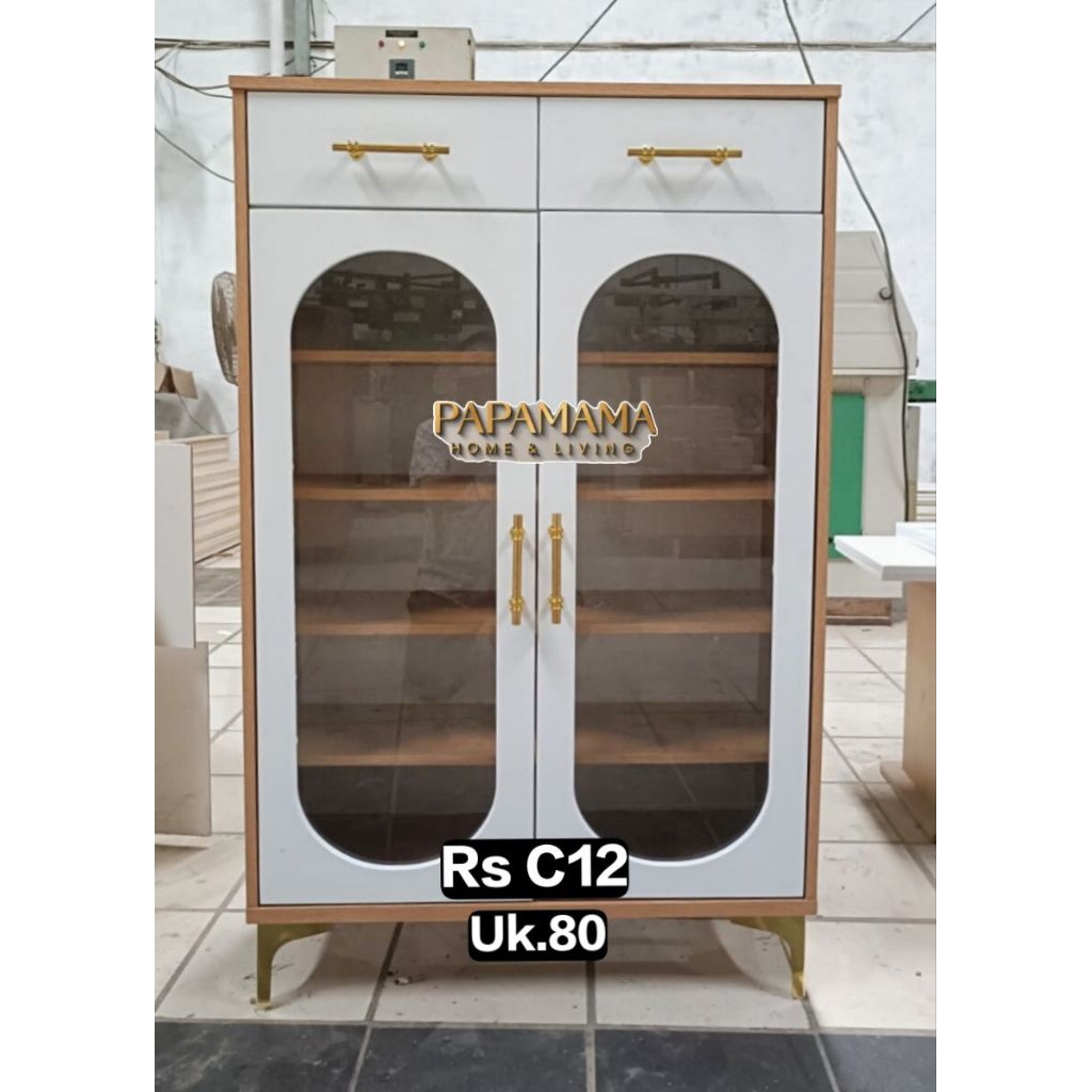 Lemari Sepatu MDF 2 Pintu Kaca 2 Laci - Rak Sepatu Minimalis Kaki Besi