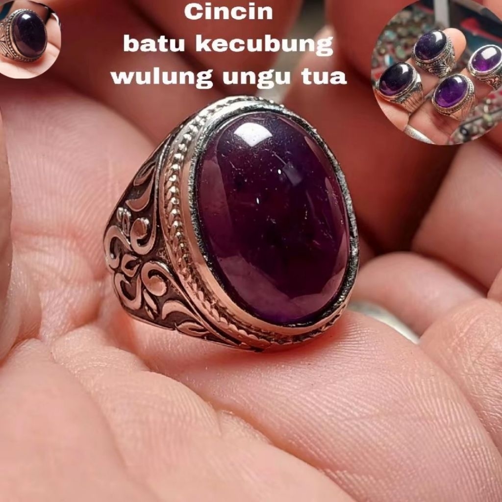 Cincin batu kecubung wulung 18mm ungu tua brazil cincin pria terlaris