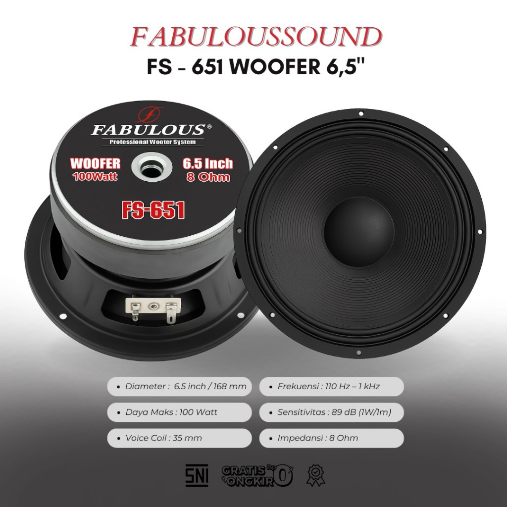 Speaker Subwoofer 6.5 Inch 100W Fabulous FS-651  Komponen Audio Bass
