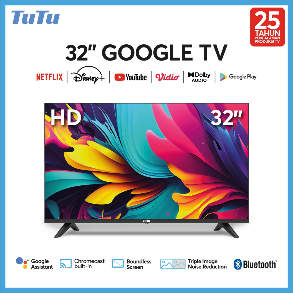 TUTU Google Smart TV 32inch HD HDR Google Assistant Dolby Audio TV Cast Low Blue Light Eye Care 5G W