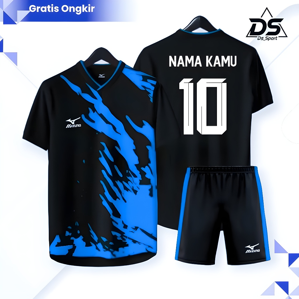 Mizuno-Setelan Baju Bola Dewasa Custom Nama+Nomor, Jersey Futsal Dewasa Unisex, Baju Volly Dry-Fit