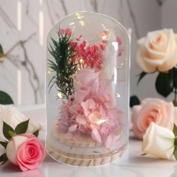 BK02 - Flowers Glass Dome With LED - Bunga Kaca - Glass Dome With Flowers
