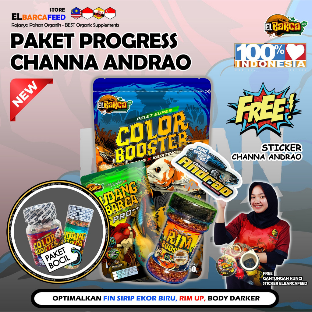 PAKET PAKAN CHANNA ANDRAO pakan progress warna High FIN Biru Blue Booster + Free Sticker Channa