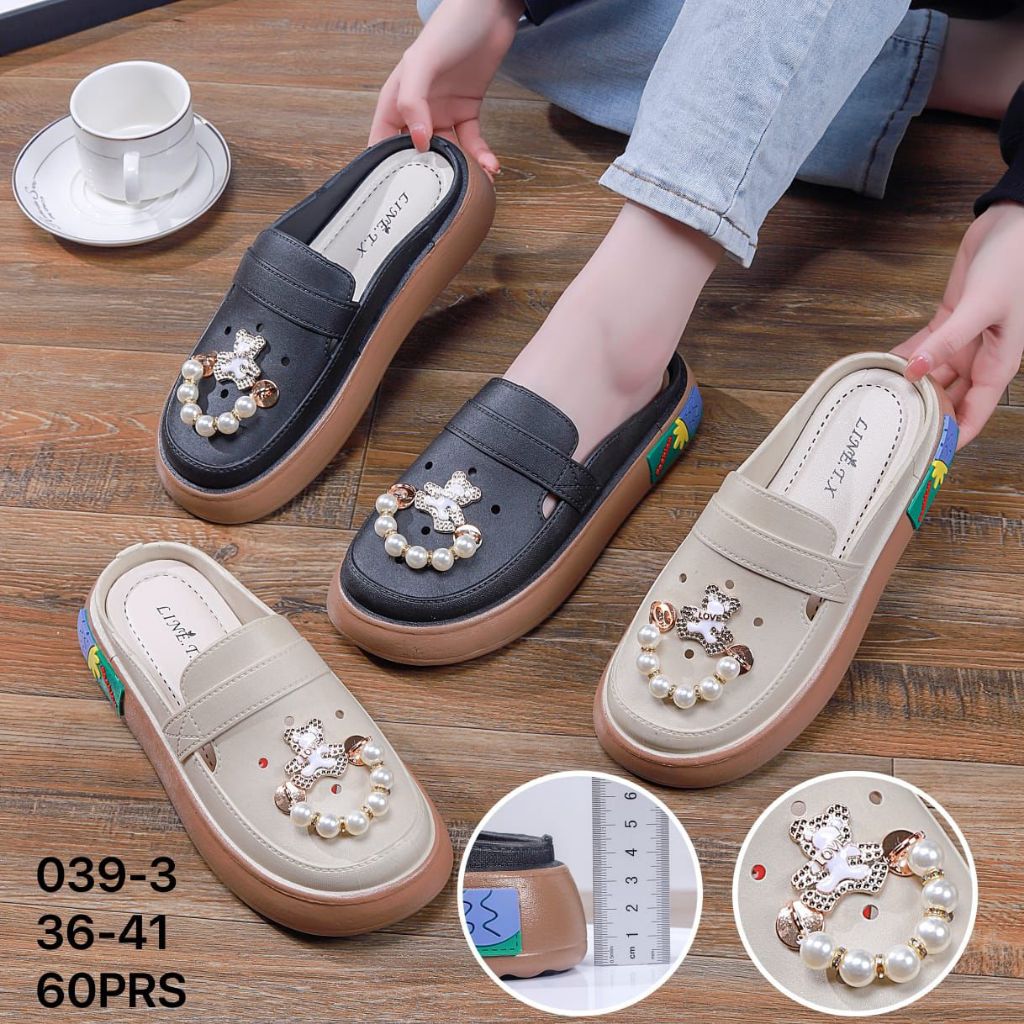 Sandal Selop Wanita Karet Semi Formal Line.T.X Motif Manik Manik Hak Rendah Linex-039