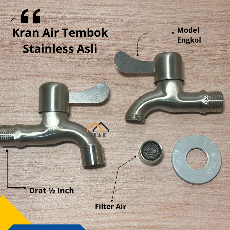 Kran Air Tembok Stainless Asli / SUS 304 Tebal 1/2 inch