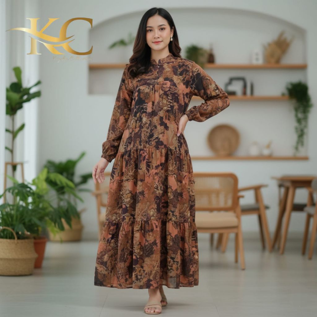 Gamis Wanita Ceruty Babydoll Model 3 Undak Motif Abstrak Merah Bata