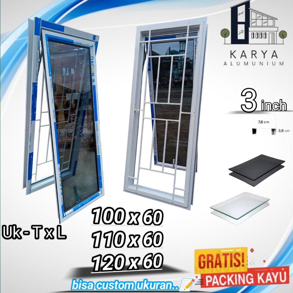 jendela alumunium lengkap dengan teralis ukuran bervariasi gratis packing kayu