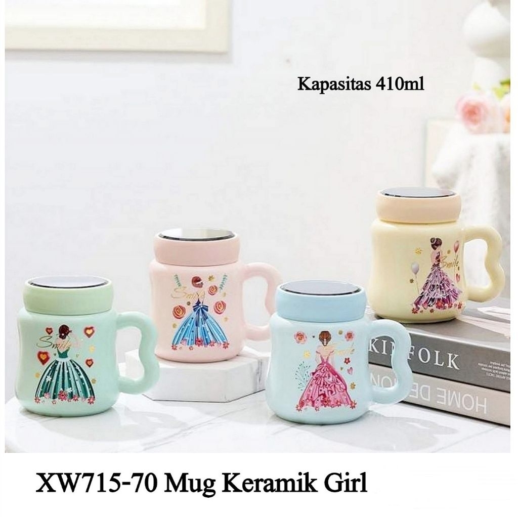 Mug Keramik Girl Smile Tutup Putar / Gelas Keramik Tutup Cermin Girl Smile  XW715-70 Cangkir Kado So