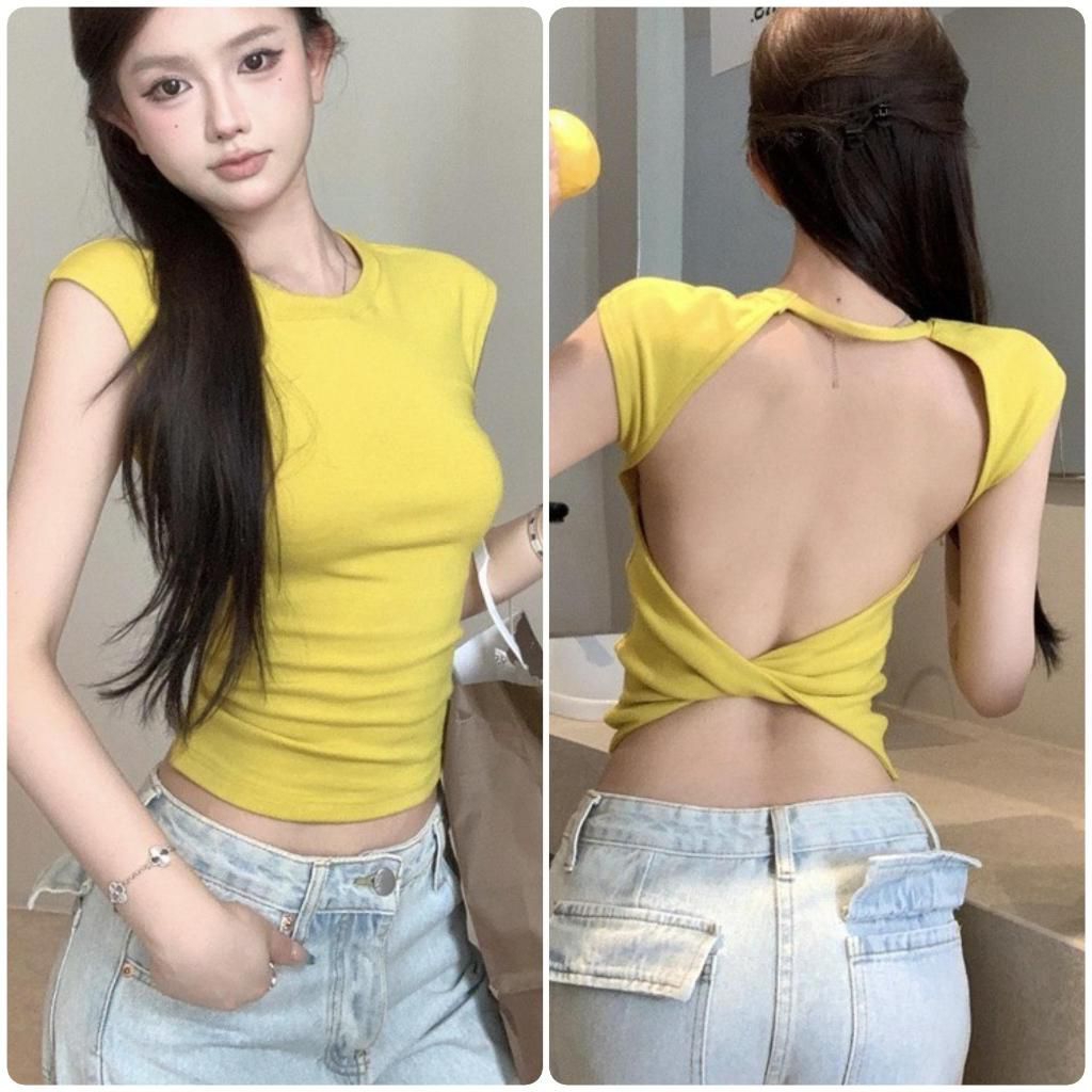 Elizabethgrosir1 Backless Crop Top Import Premium Lengan Pendek Grosir 62 Kaos Cotton Cup Bra Atasan