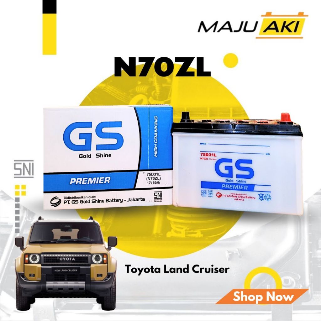 Aki Mobil Toyota Land Cruiser Aki Basah GS Gold Shine Dry Charge Premier N70ZL 12V 80Ah