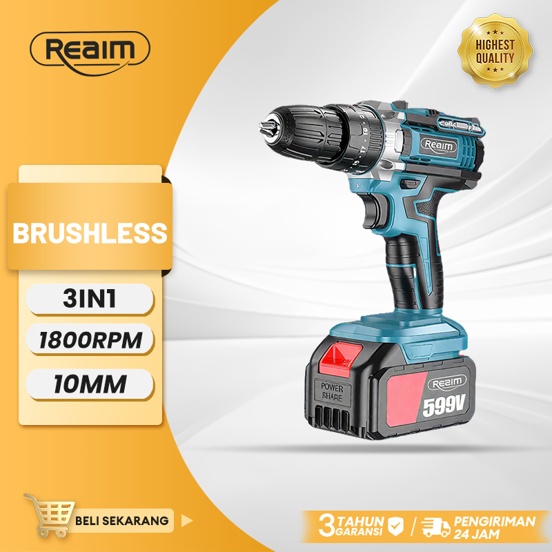 REAIM Mesin Bor 3IN1 Brushless Impact Drill - Bor Listrik Multifungsi Untuk Beton Kayu Besi & Tembok