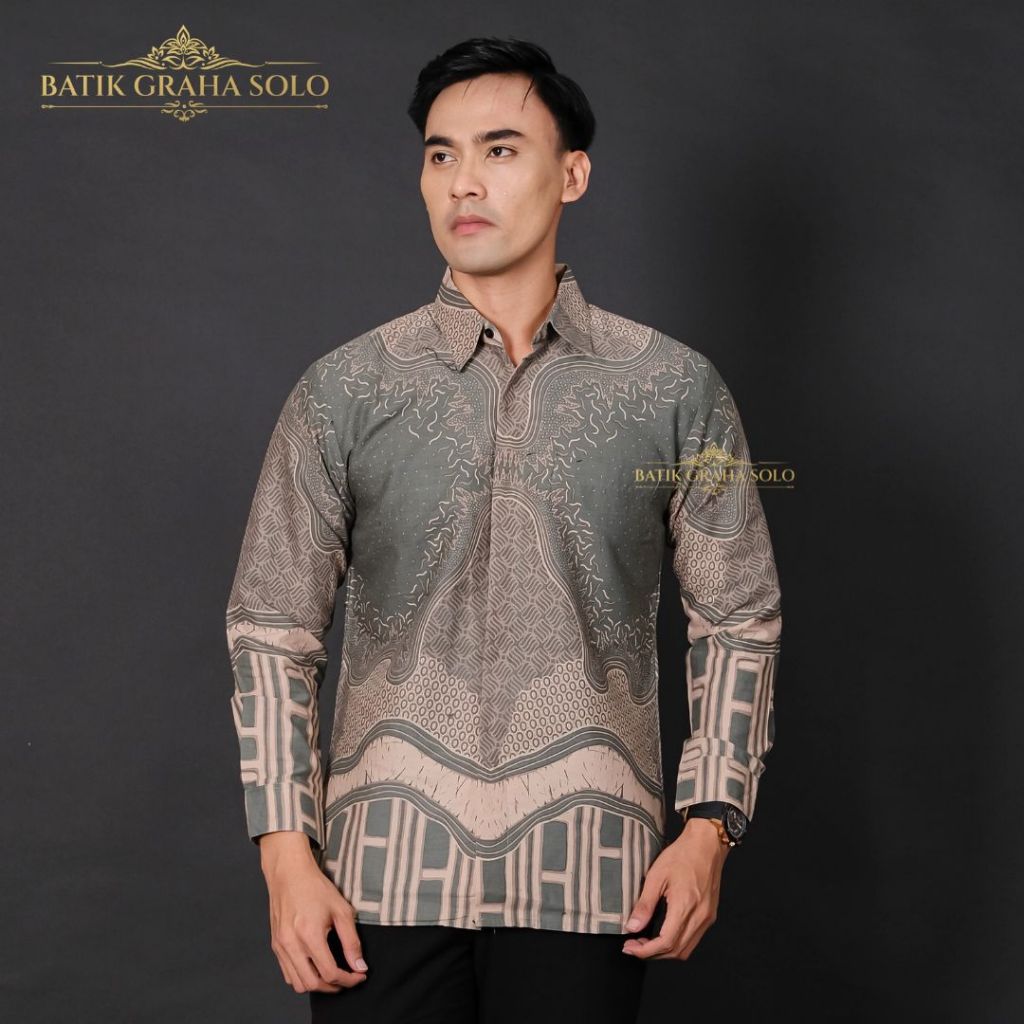 GRAHA BATIK Sage Green Kemeja Batik Pria Premium Slimfit Lapis Furing Katun Lengan Panjang