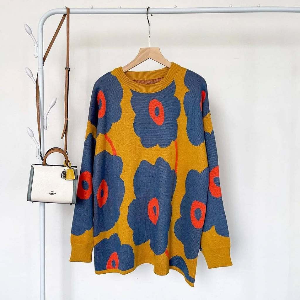 Kiukiu Sweater Flamboyan Jumbo Premium - Sweater Rajut Motif Bunga - Sweater Jumbo Oversize - Sweate