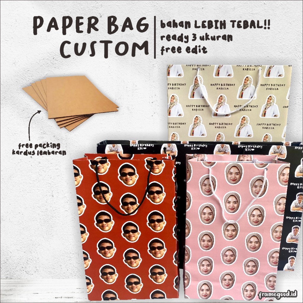 PAPERBAG CUSTOM foto sendiri / kertas tebal / totebag tote bag paper bag muka wajah teman free edit 