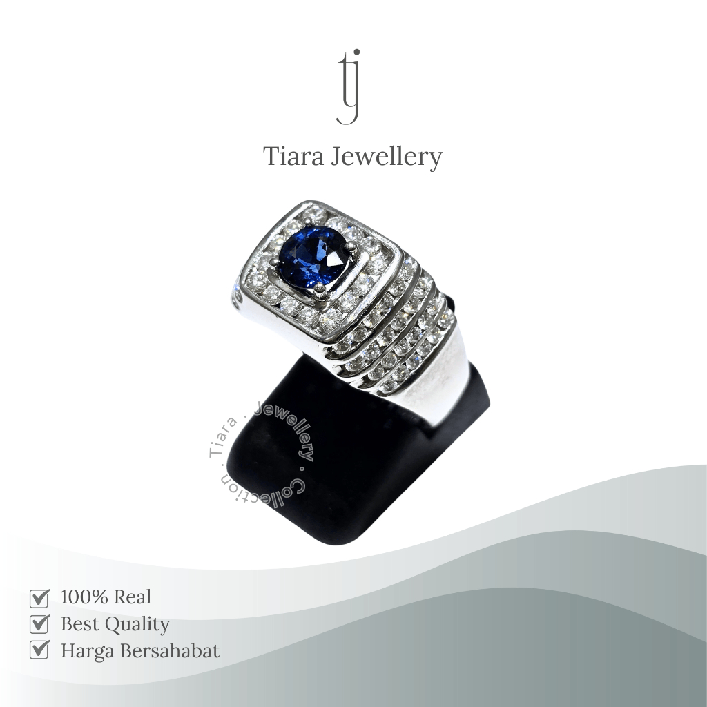 Tiara Jewellery - Men's Sapphire Stone Ring 18K White Gold Premium [MS13] / Cincin Batu Safir Cowok 