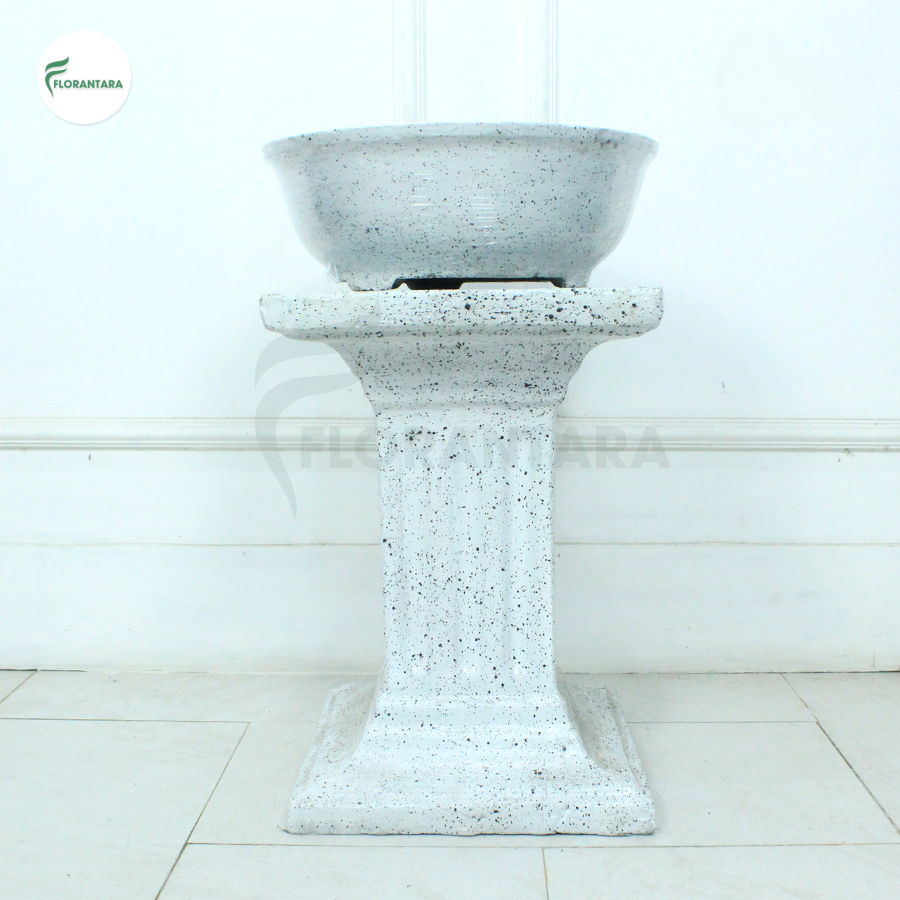 Pot Teraso Terakota Premium Model Bentuk Bulat Ceper Warna Putih Bercak Diameter 35cm Tinggi 12cm - 