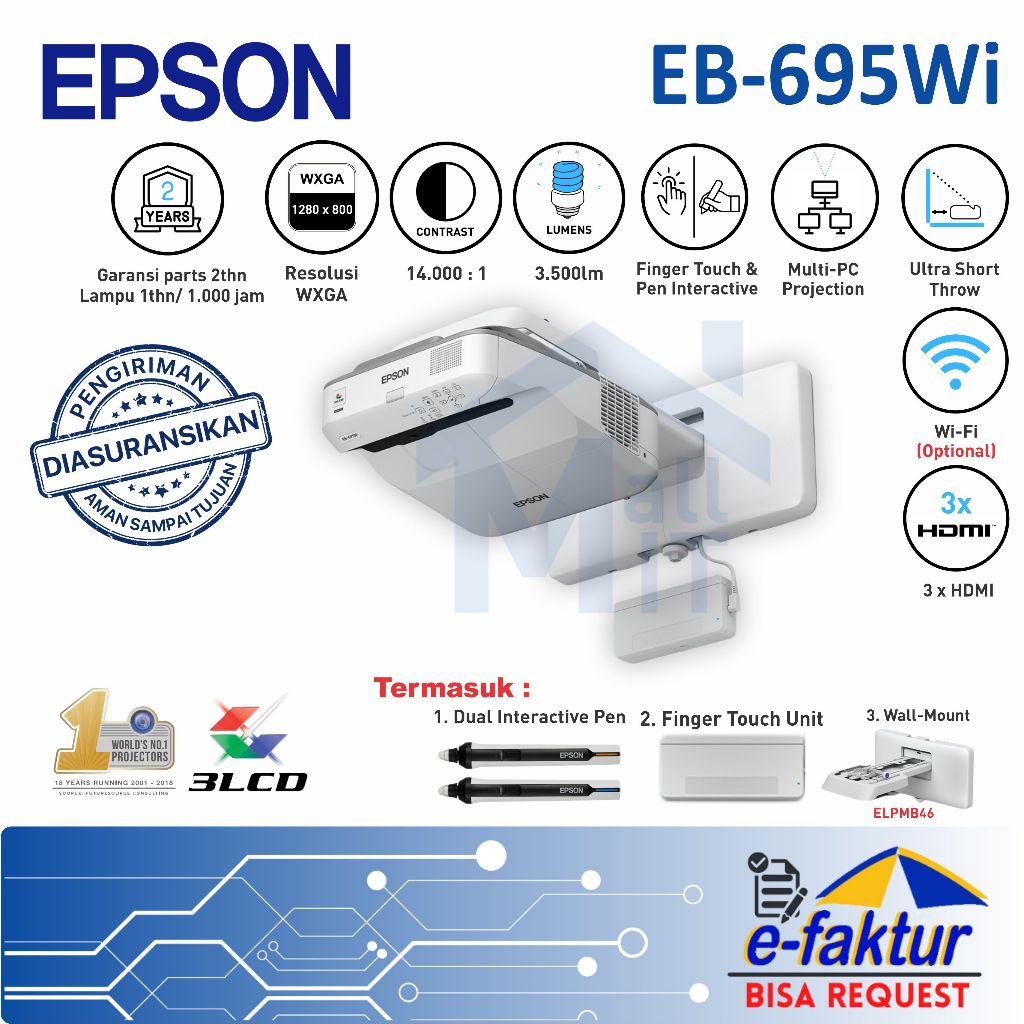 MALLIT EPSON Proyektor EPSON EB-695WI EB695WI 695WI Ultra Short Throw Proyektor Epson Interactive Me