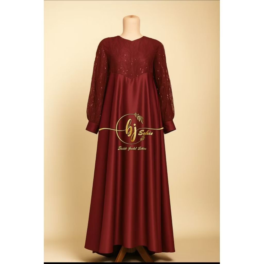 Dress Silk Kombinasi Tile Garden Premium Warna merah maroon Gamis Brukat Tile Pesta Wanita Mewah