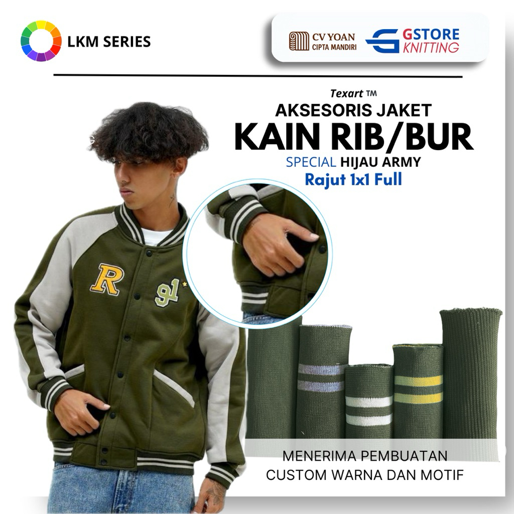 Kain rib bur army polyester premium rajut 1x1 dan 2x2 rib jaket