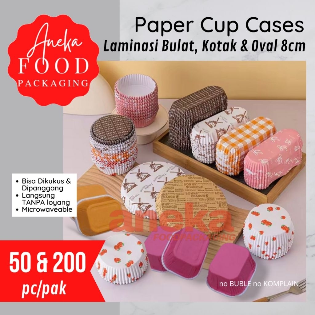 Cup roti laminasi 8cm BULAT, KOTAK & OVAL lonjong/paper cup cake cases kertas tatakan kue aneka moti