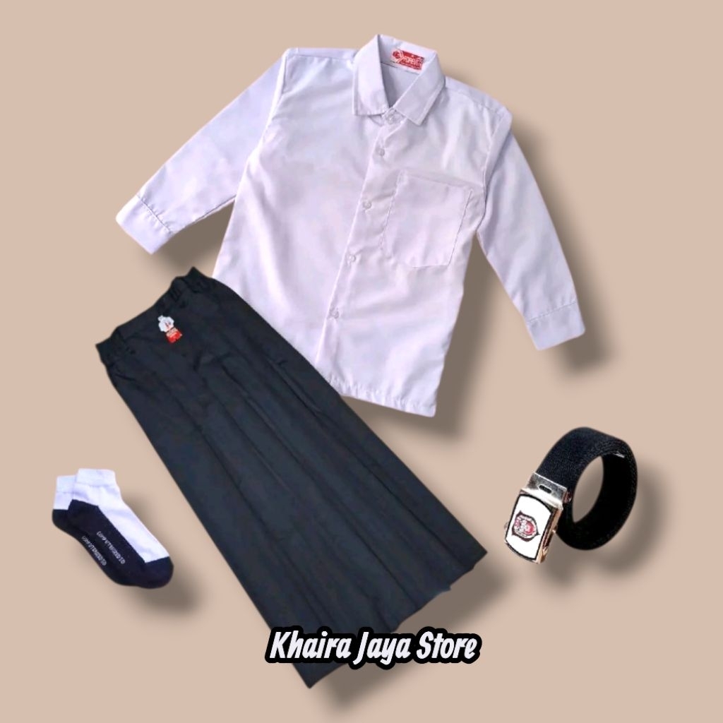 Setelan Putih Hitam Anak Perempuan Seragam Sd MI baju Polos Panjang Rok Rempel Hitam