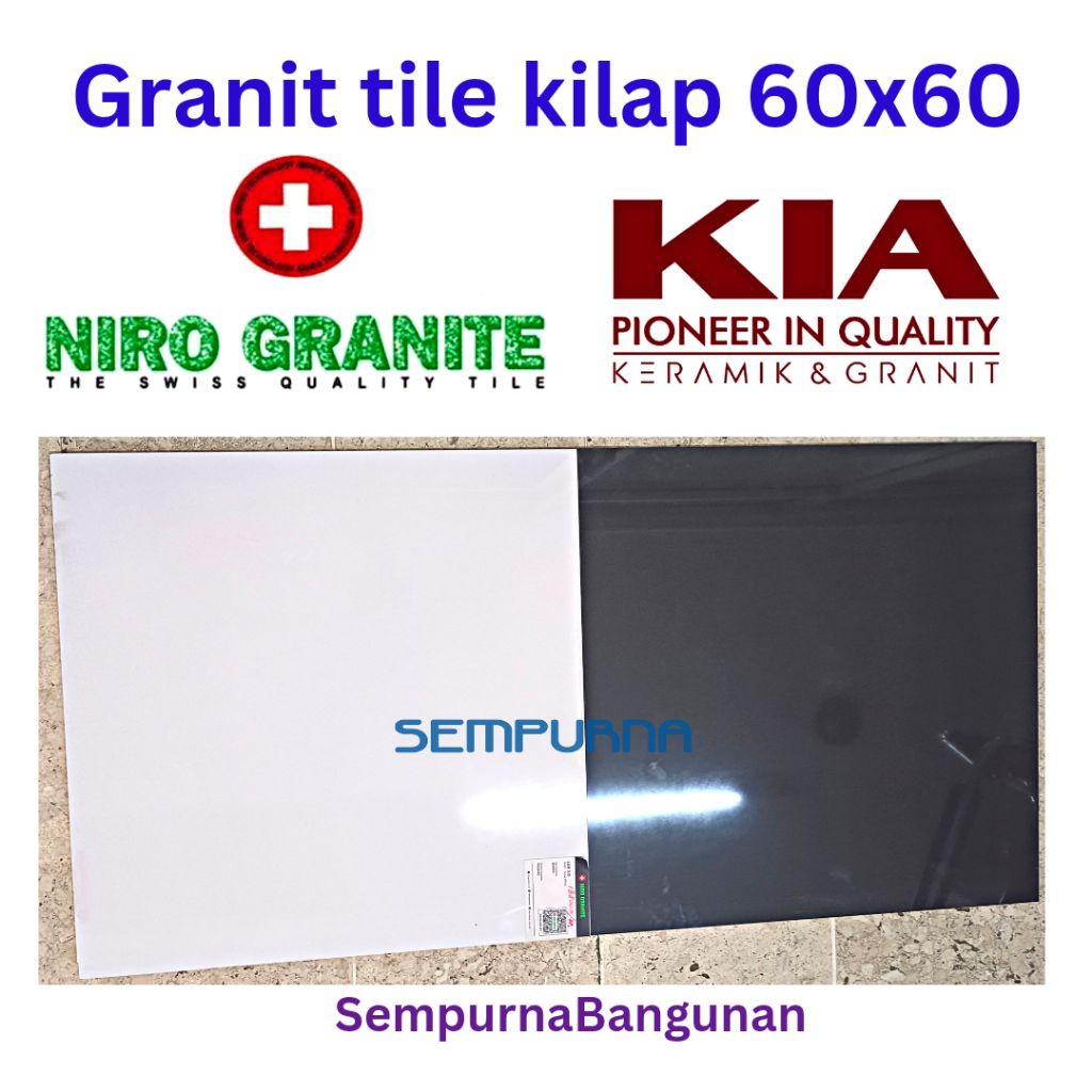 Niro Granite tile Lux 3.0 Snow White glossy kilap GIX01 60x60 floor wall granit tile KIA Super Black