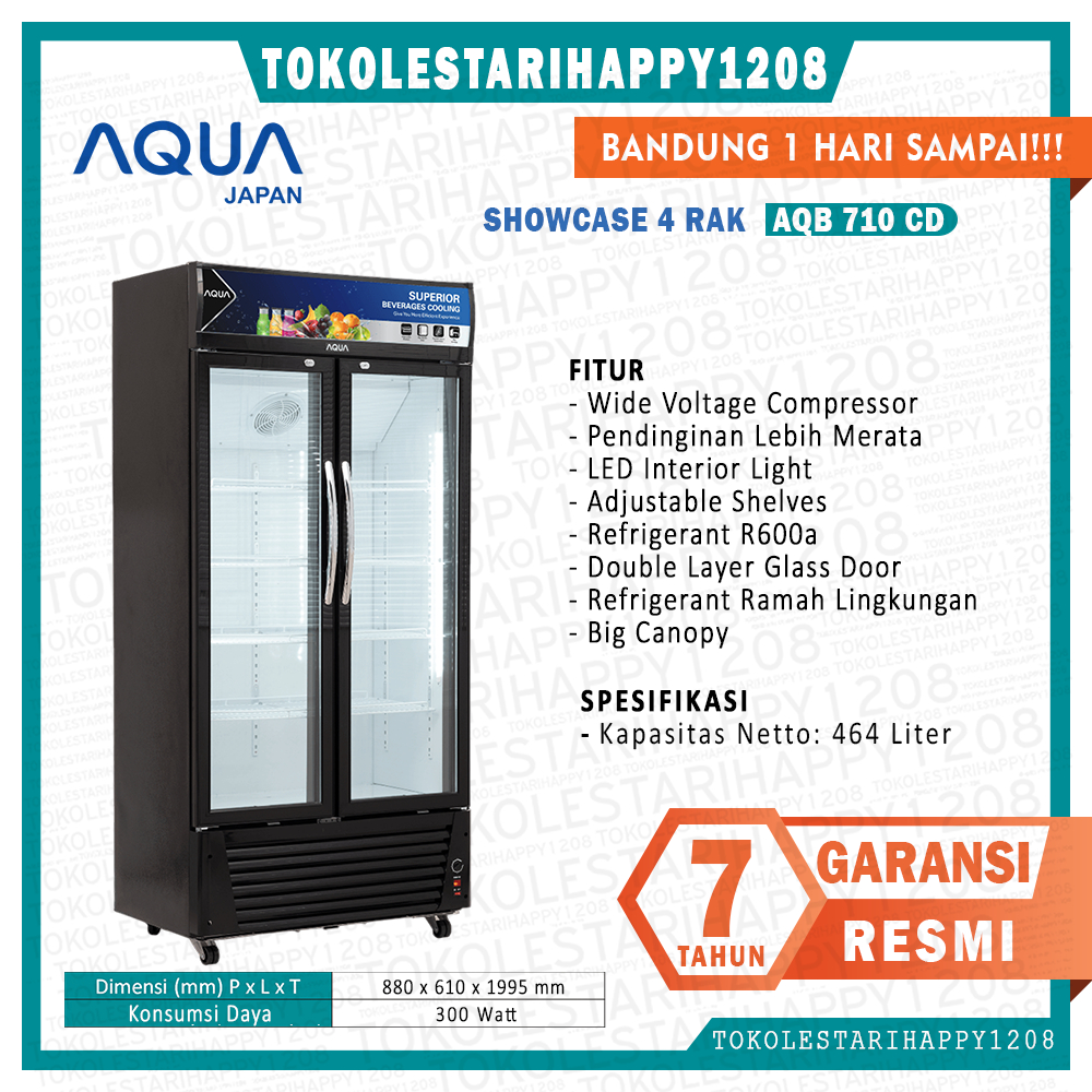 AQUA AQB710CD SHOWCASE 2 PINTU 464 Liter / DISPLAY COOLER 4 Rak AQB-710CD GARANSI RESMI