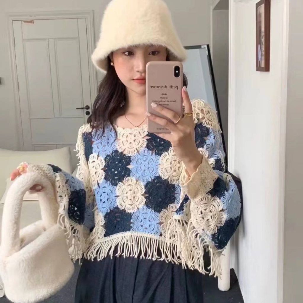 Elizabethgrosir1 Crochet Hollow Tassel Knitwear Batwing Sleeves Lengan Panjang Outer Baju Wanita Rem