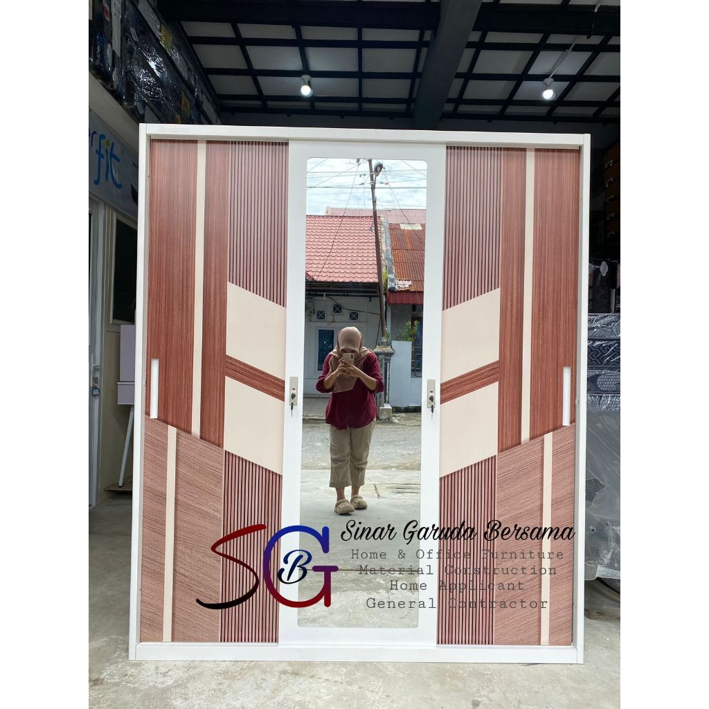 LEMARI 3 PINTU SLIDING PLAT BESI PANJANG 160 CM / LEMARI BAJU 3 PINTU GESER BESI + KOTAK BRANKAS + K