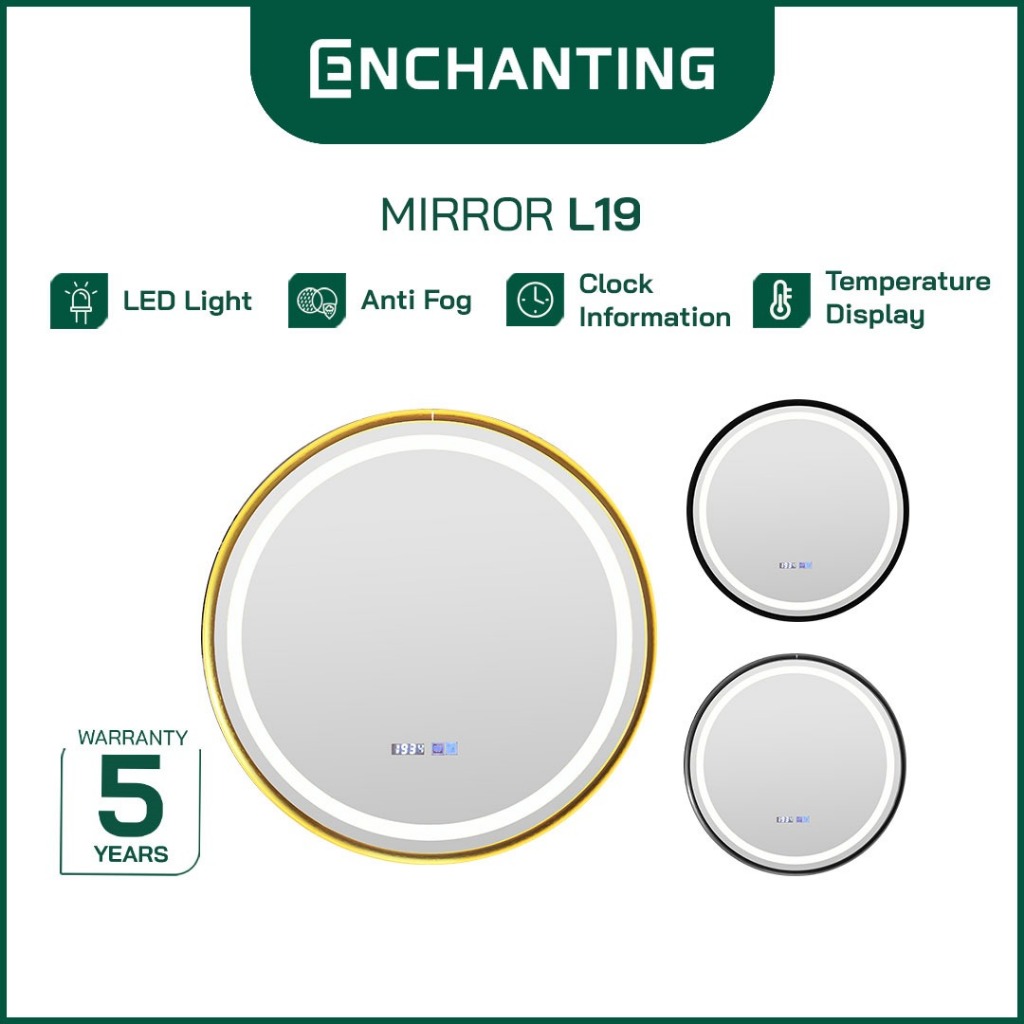 ENCHANTING Cermin/Mirror Bulat LED Digital Black Golden Gun Grey Sensor Kaca Wastafel Europe Enchant
