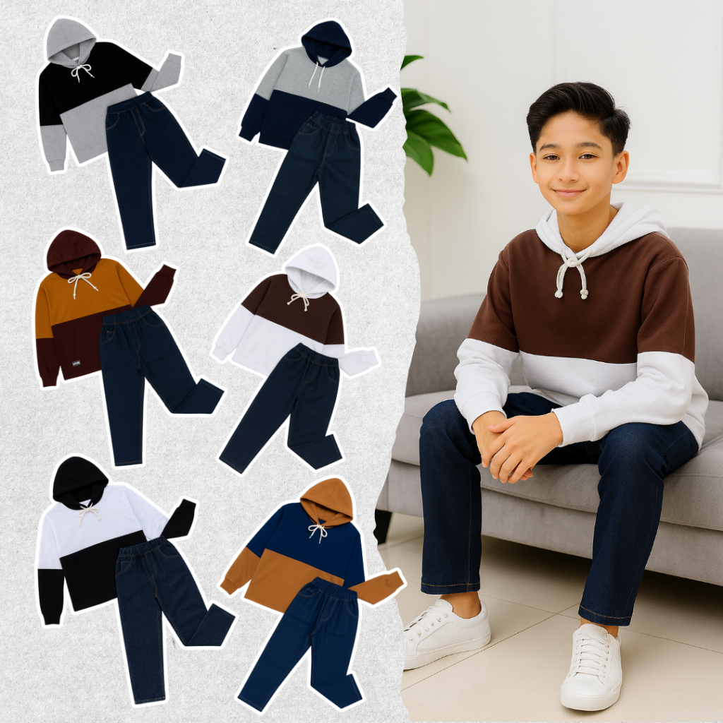 Set Casual Hoodie Denim Setelan Jeans Hoodie Baju Celana Anak Laki Laki Remaja Cowok 8-14