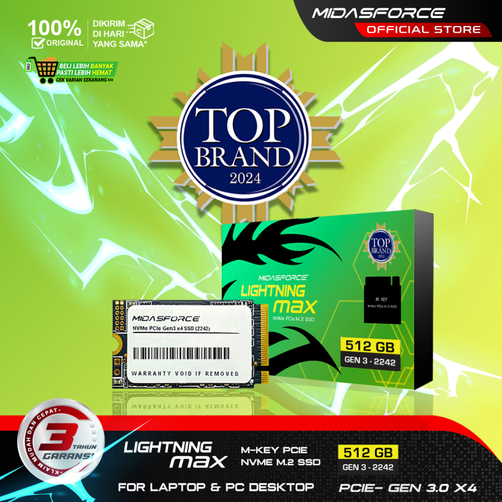 SSD M.2 NVME 512GB (2242) Midasforce Lightning Max PCIe Gen3 x4 Storage ssd nvme