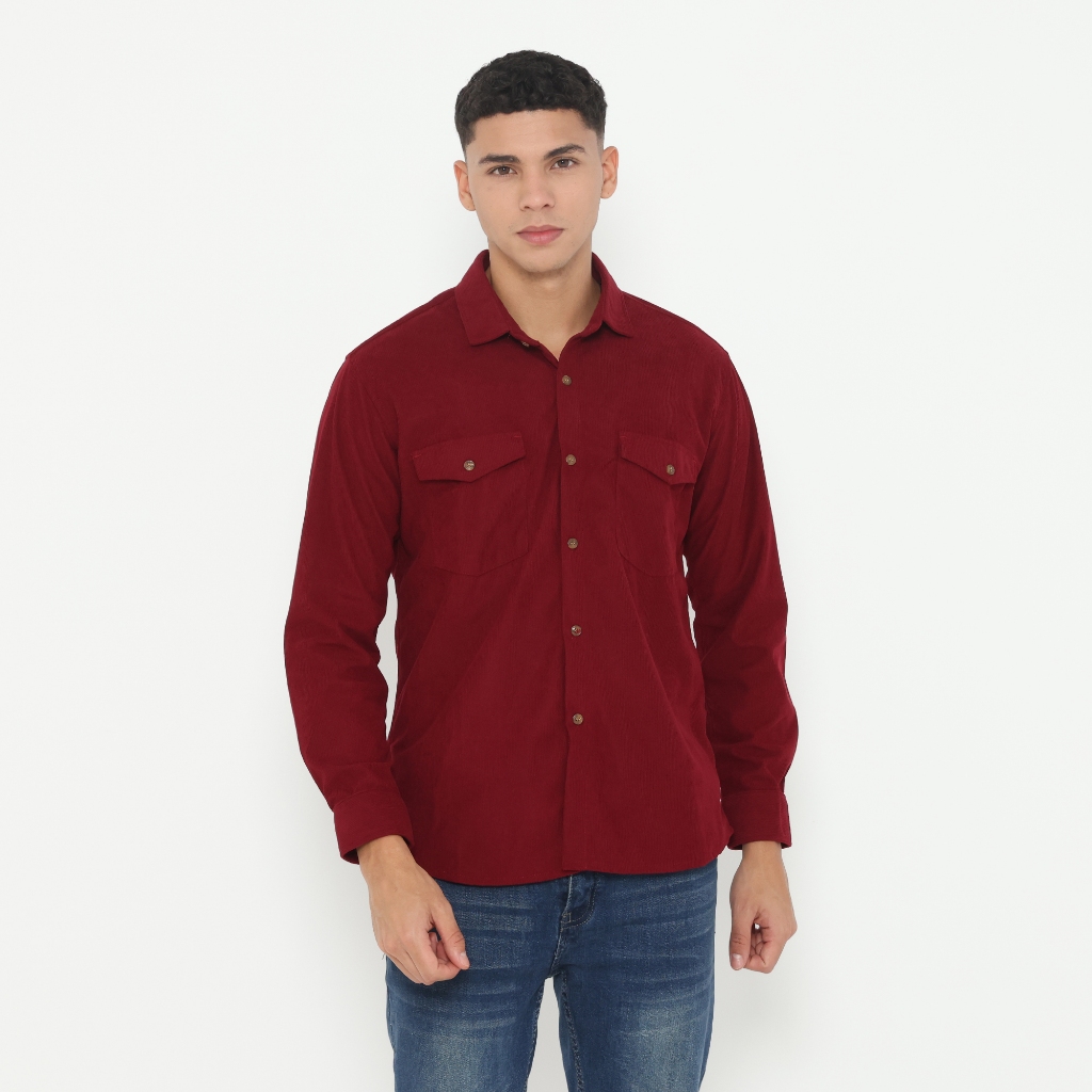 Dancus Kemeja Polos Pria Kodorai Lengan Panjang Kantong Dua Warna Maroon OLR302