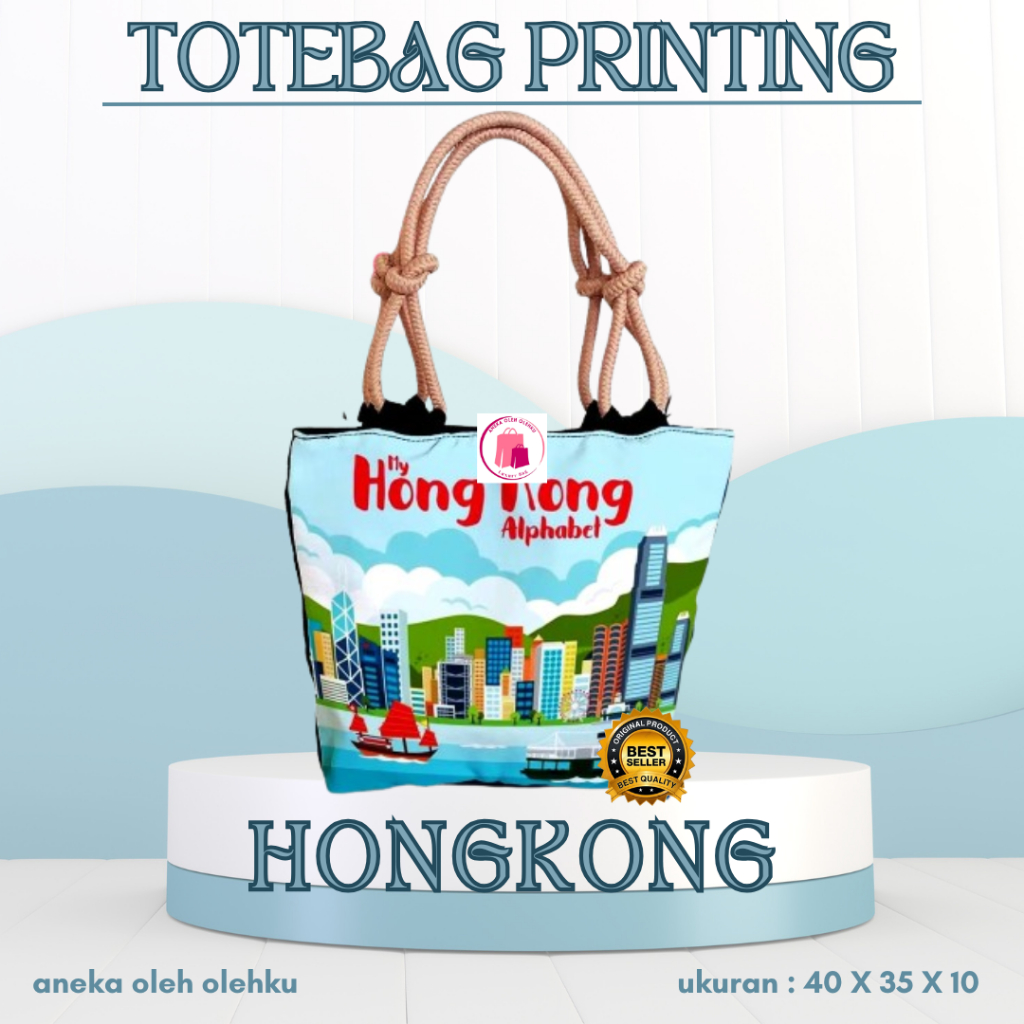 TERLARIS Tas Totebag Sumbu Kepang Wanita Printing Hongkong Souvenir