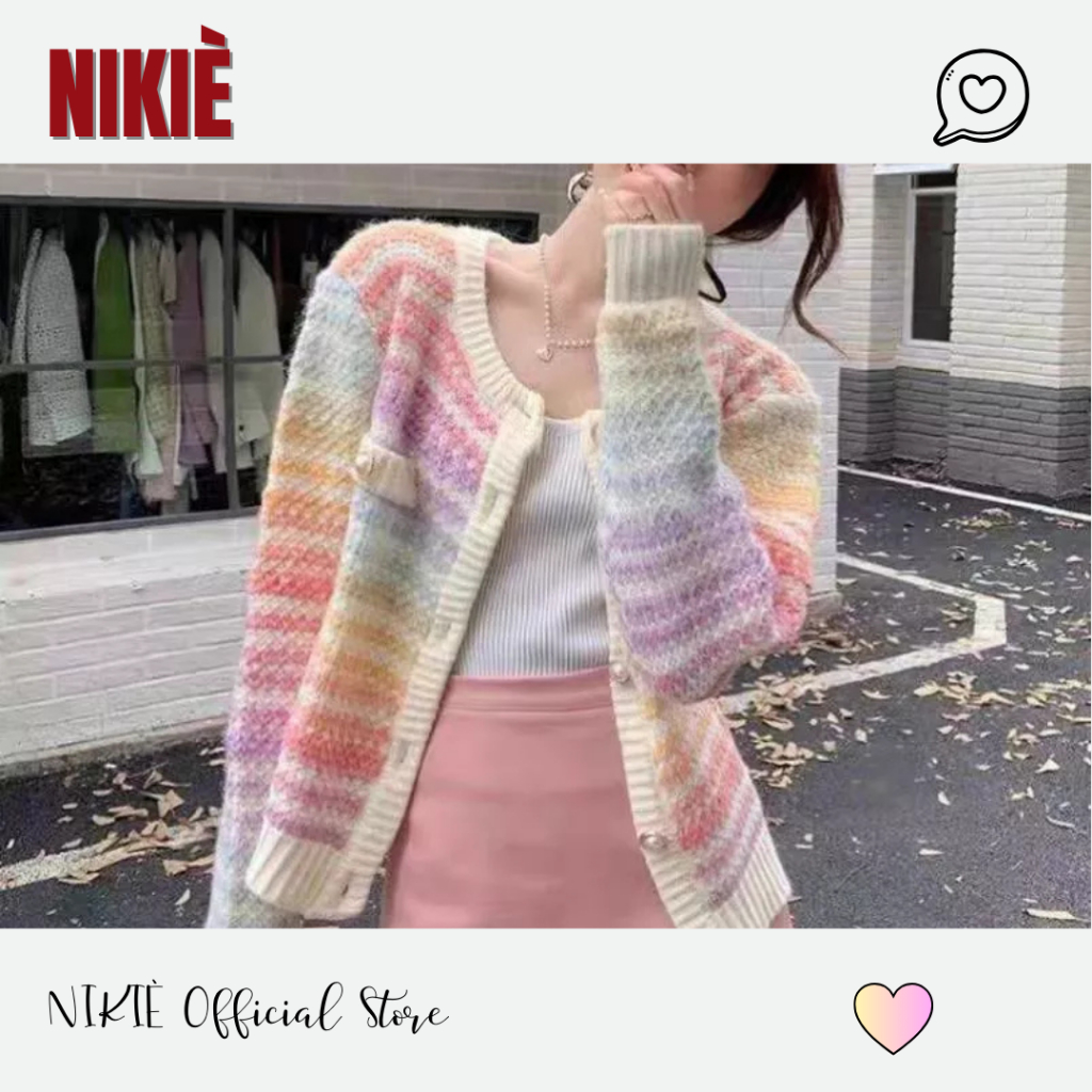 034 NIKIÈ Rajut Premium Atasan Cardigan Rajut Wanita Sweater Rainbow Pelangi Leher Bulat Korea Knitw
