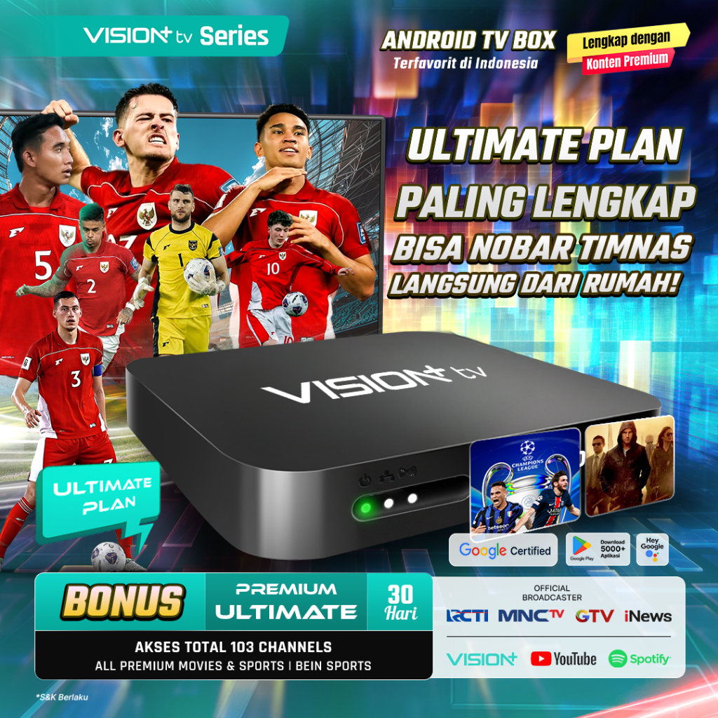 [Vision+tv Series] Ultimate Plan 30 Hari – All Channel Premium Lengkap | Google Certified Android Tv