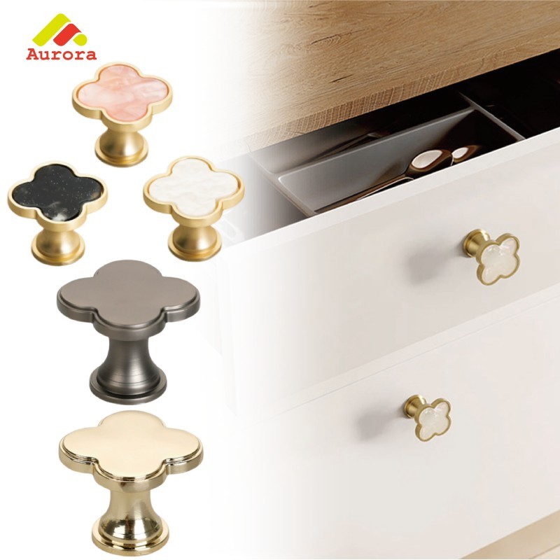 Door Knob Marble Handle Tarikan Pintu Lemari Laci Pegangan Daun Semanggi untuk Interior Rumah dan Ka