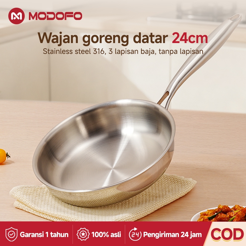 MODOFO Wajan Penggorengan Anti Lengket Panci Stainless Steel Wajan Stainless Steel Anti Lengket Waja