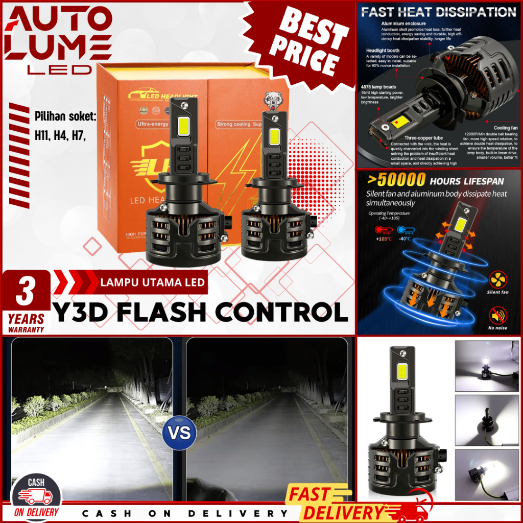 【AutoLume】Lampu Lampu Depan Mobil Y3D LED 300W H4 H7 H11 |  Lampu Depan LED Tiga Tabung Tembaga H7 H