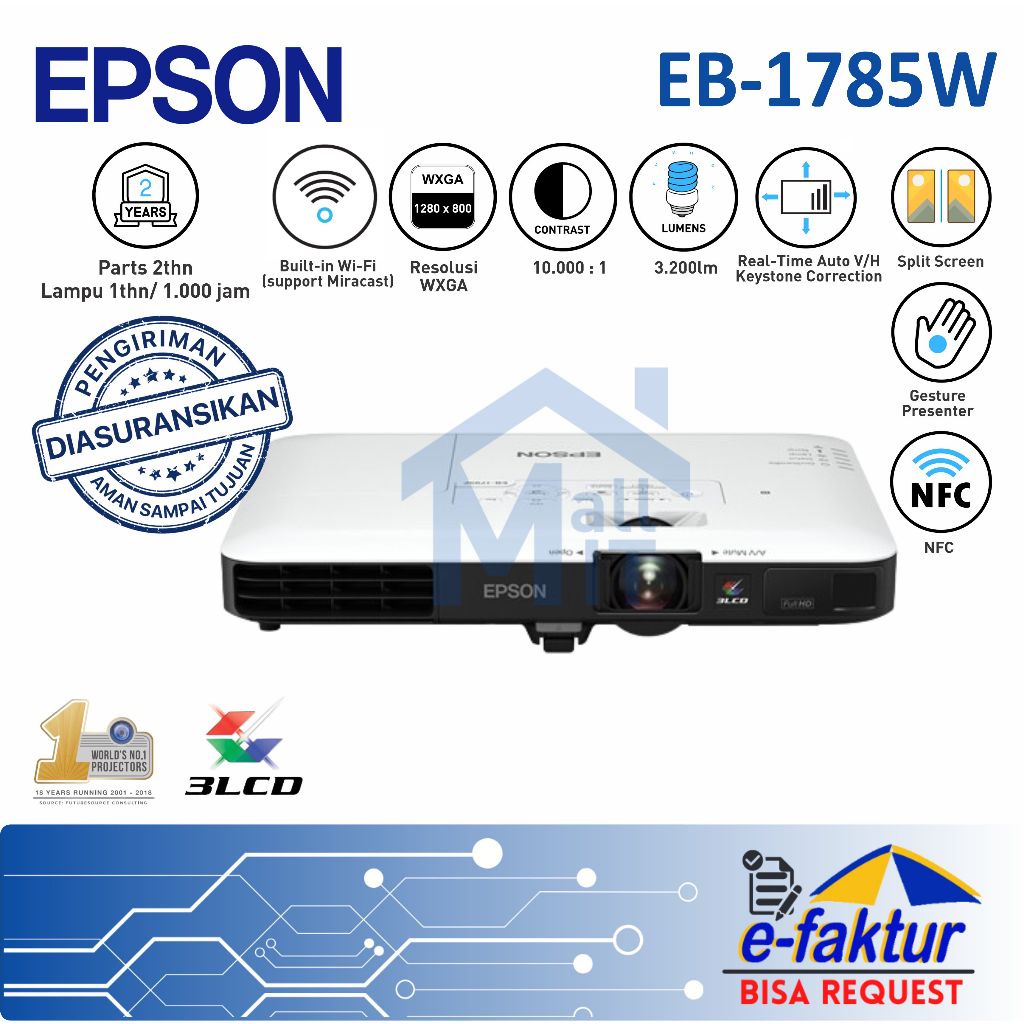 MALLIT EPSON Proyektor Mini Slim EPSON EB1785W Proyektor EPSON EB-1785W EB 1785 W Portable Garansi M