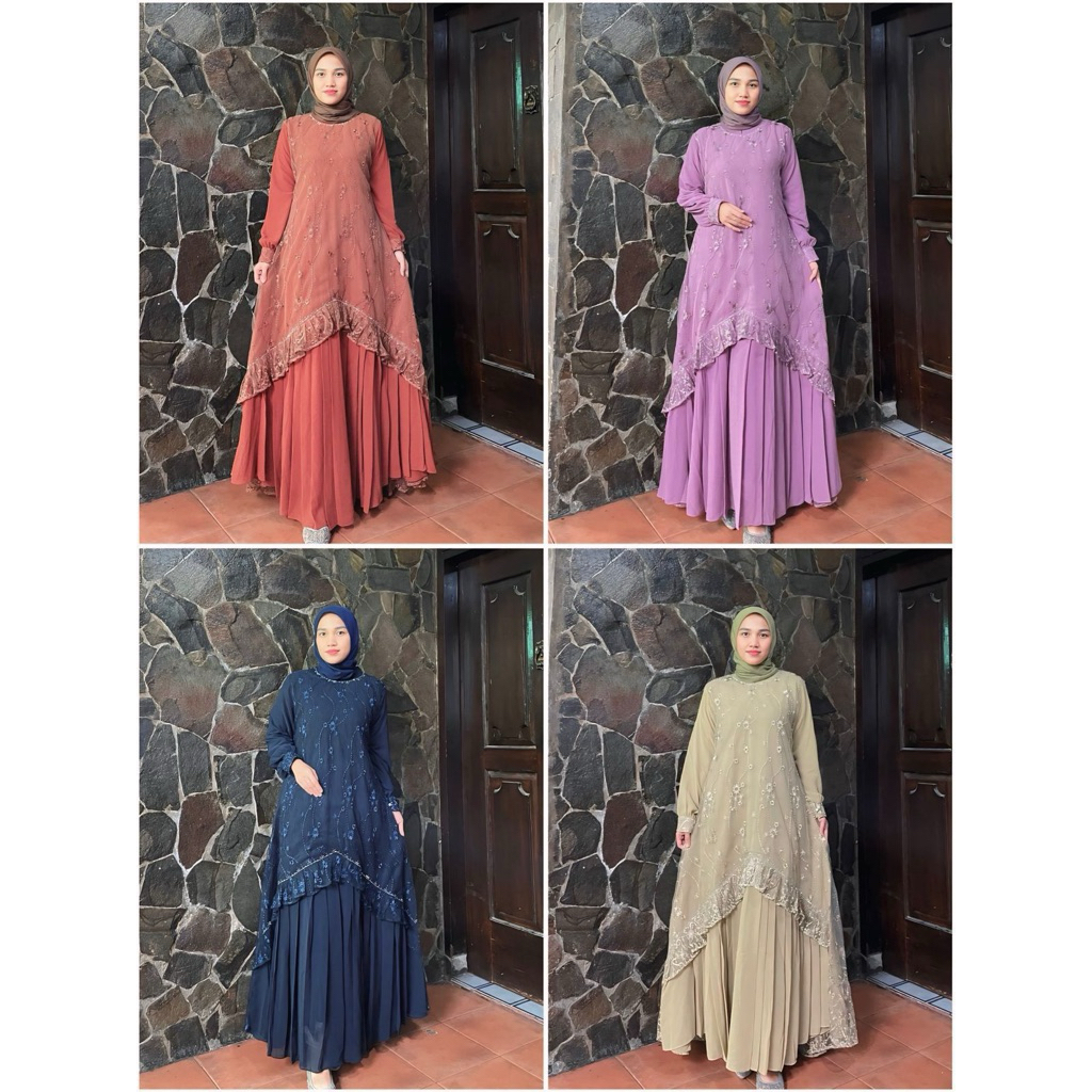 Jamila Gamis Malay - Bahan Ceruty babydoll - Gamis Pesta Brukat - Yusha Store