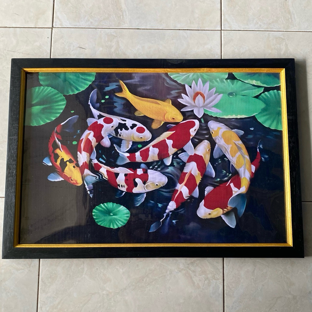 hiasan dinding lukisan cetak gambar 9 ikan koi plus bingkai dan gantungan