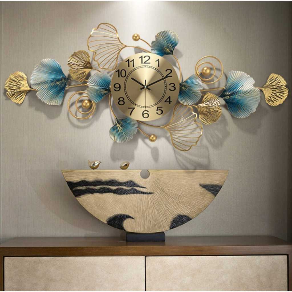 Jam Dinding Jumbo Mewah Ornamen Besi Elegan Ginkgo Biloba 92cm Horizontal