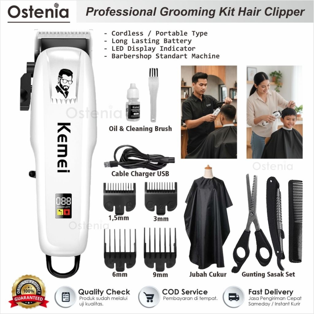 KEMEI Mesin Cukur Rambut Elektrik Baterai Cas Profesional Hair Clipper Rechargeable