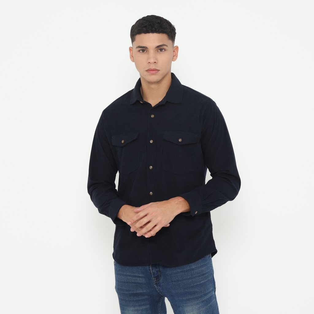 Dancus Kemeja Polos Pria Kodorai Lengan Panjang Kantong Dua Warna Navy OLR301
