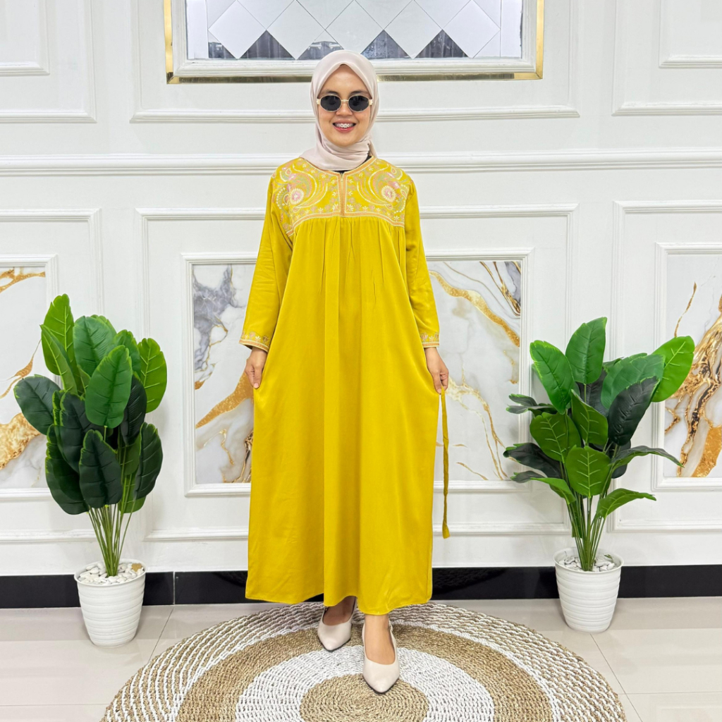 Devpon Midi Dress Wanita Aleya Bordir Rayon Twill Premium – Busui Friendly Nyaman Harian