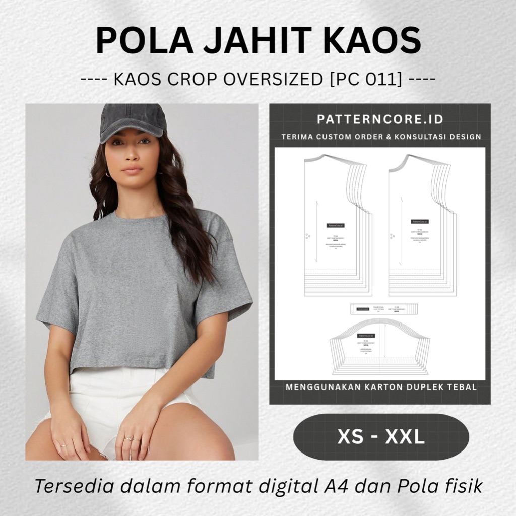 Pola Jahit Instant – Kaos Crop Top Oversized [PC 008]